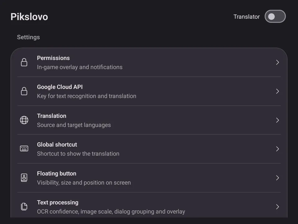 Pikslovo main settings: permissions, Google Cloud API key, languages, shortcut, floating button