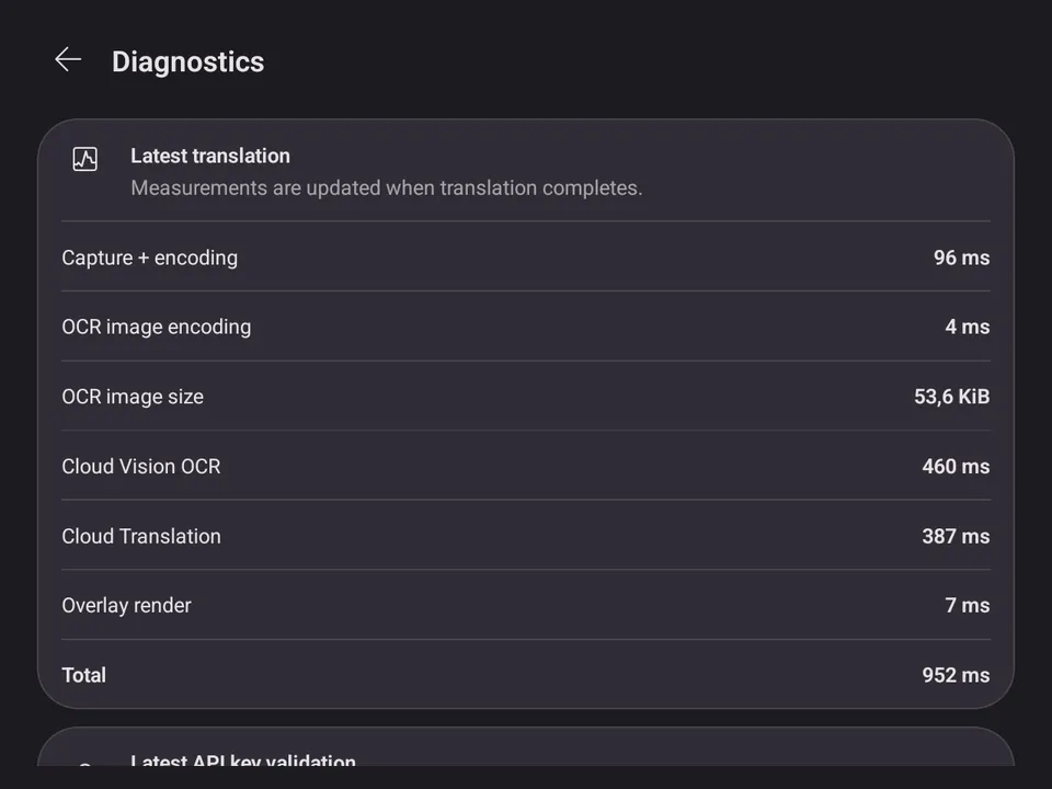 Diagnostics: capture 96 ms, OCR 460 ms, translation 387 ms, total 952 ms